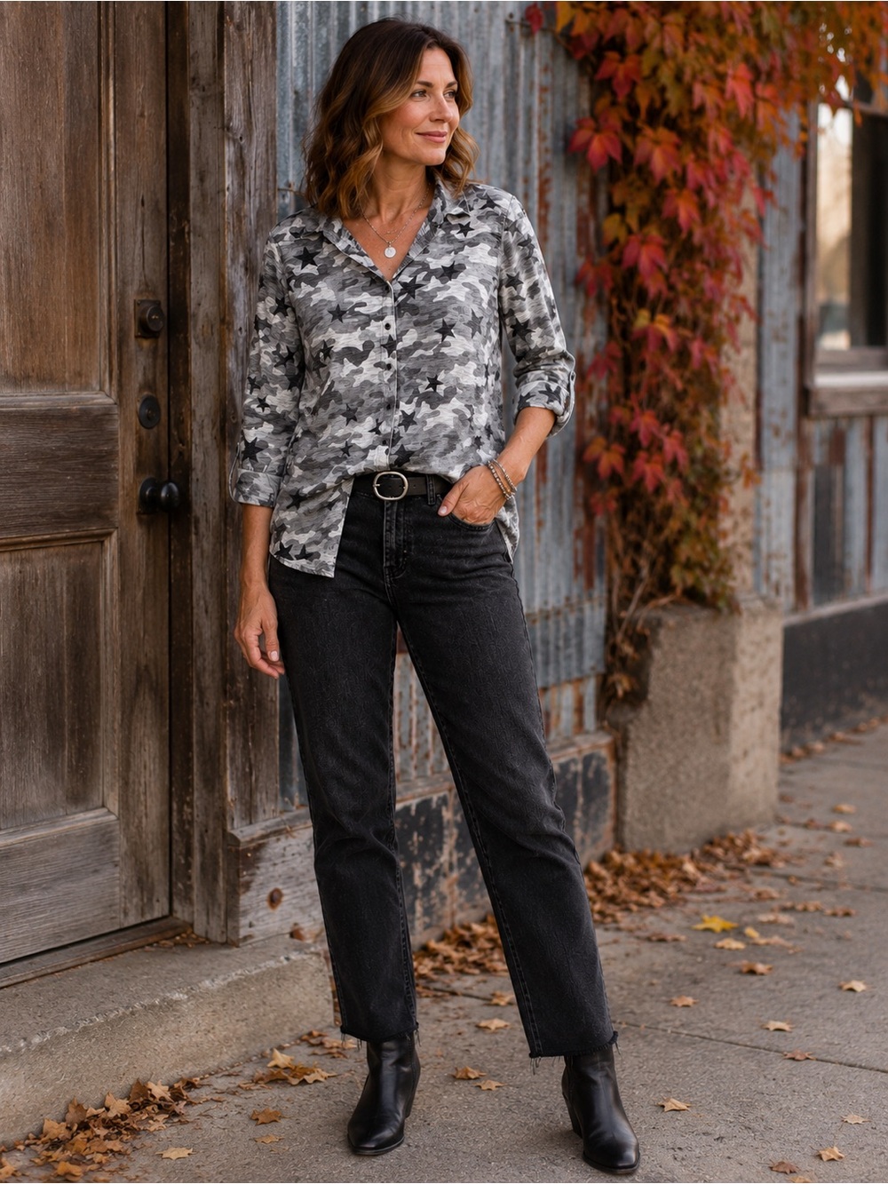 David Cline Gray Camo Star Print Button Front Shirt Top L